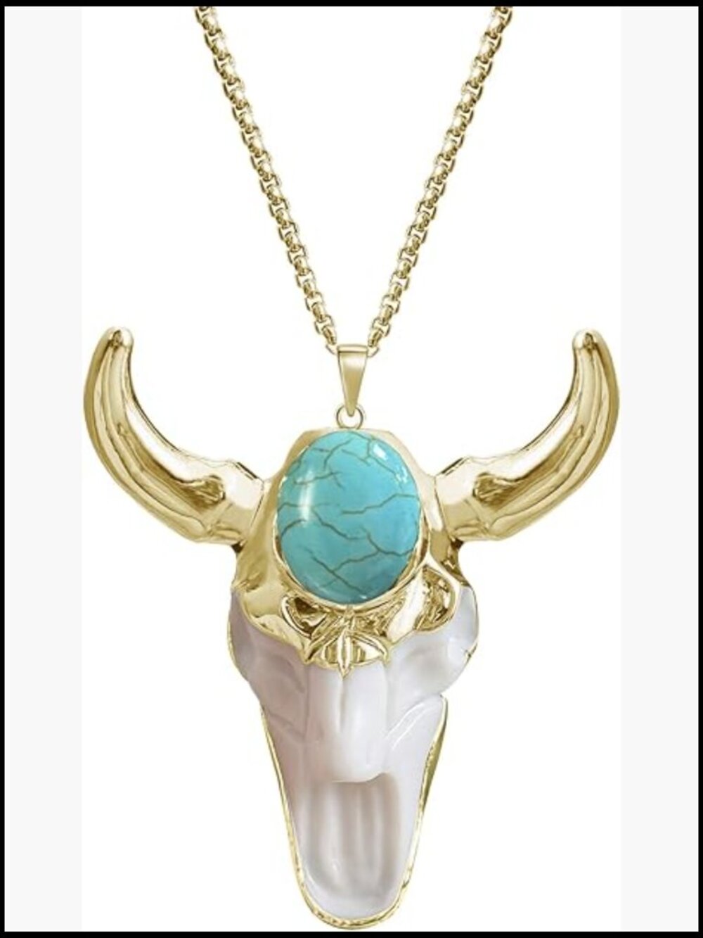 Turquoise Bull Skull Pendant Necklace, Boho Western Retro Charm Unisex Jewelry